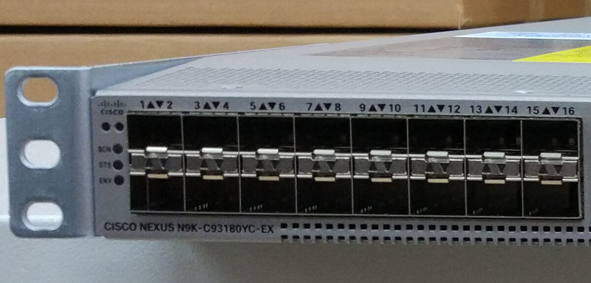 Front panel of a Cisco Nexus N9K-C93180YC-EX (Nexus 9300) switch